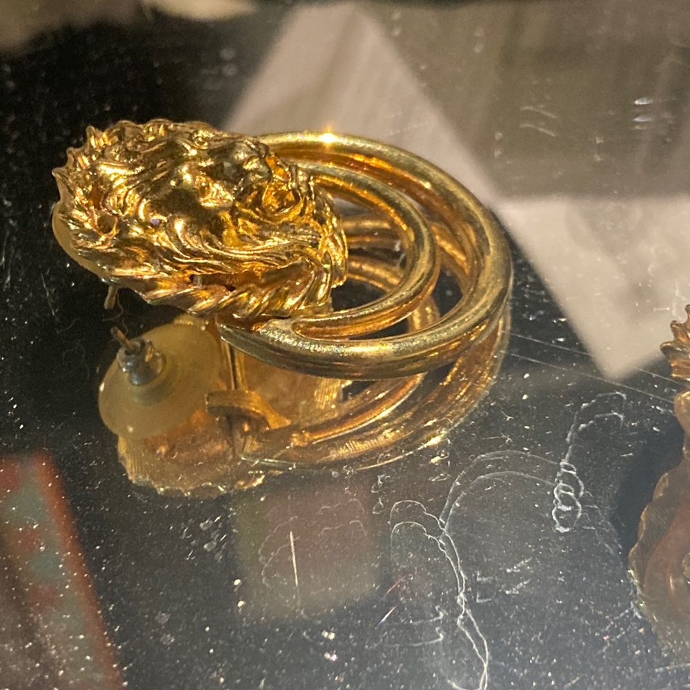 Anne Klein Gold Lion Head Double Hoop Knocker Stud Earrings - Picture 4 of 6